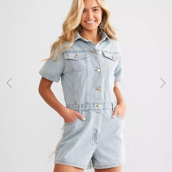 Blue B Rhinestone Fringe Light Wash Denim Romper Western Sparkle Size Small - Picture 3 of 15